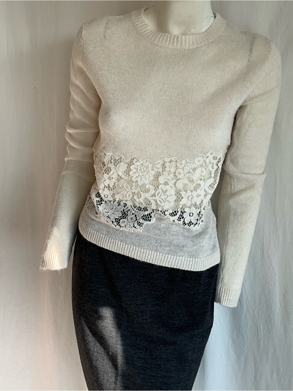Zara Alpaca Wool Blend Ivory Floral Lace Inset Sweater Knit Size S